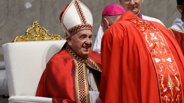 Pope Francis gives the pallium to Archbishop Thomas R. Zinkula of Dubuque, Iowa