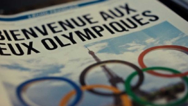 An illustration of the cover of a newspaper features the headline "Bienvenue aux Jeux Olympiques" 