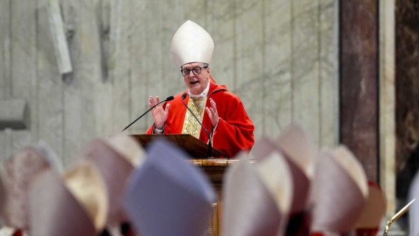 Cardinal Claudio Gugerotti, former prefect of the Dicastery for Eastern Churches, gives his homily as he celebrates the Mass on the seventh day of the "novendiali,"
