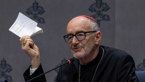 Cardinal Michael Czerny, prefect of the Dicastery for Promoting Integral Human Development, speaks at a Vatican news conference