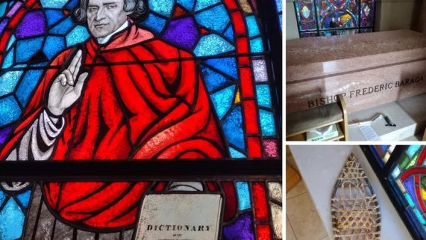 The cathedral in Marquette, with Bishop Baraga's tomb; stained-glass windows 