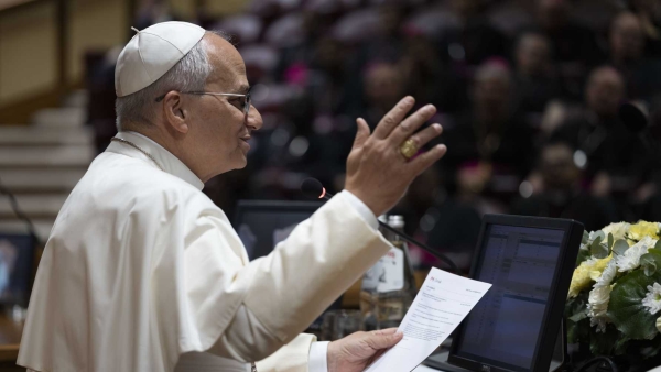 Pope Leo XIV speaks during a Sept. 10, 2026, meeting
